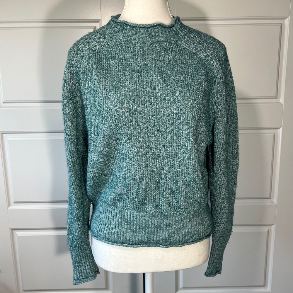 LOFT Women's Small Green Knit Ruffle Mock Neck Long Sleeve Pullover Sweater‎